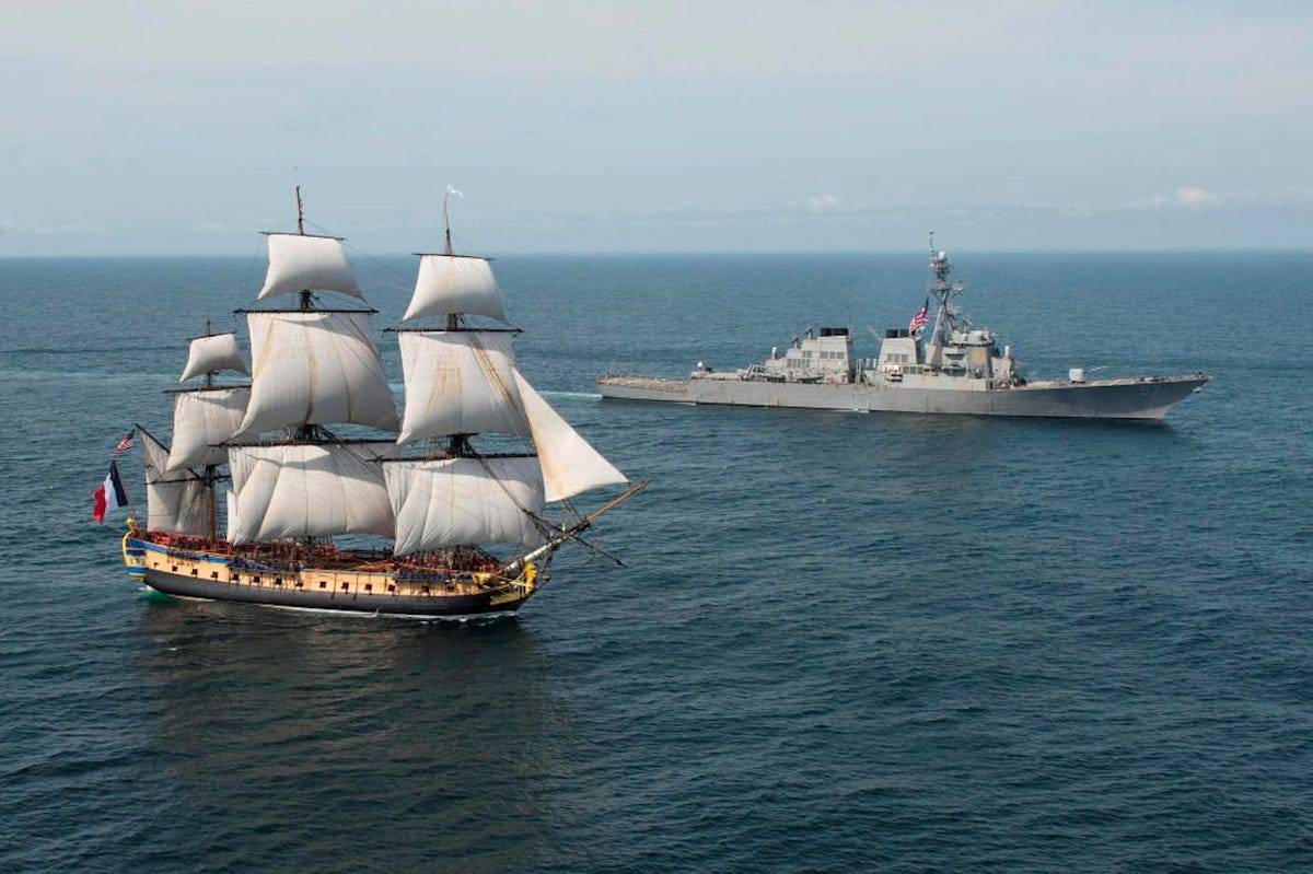 uss-mitscher-and-the-french-tall-ship-replica-the-hermione-approach-chesapeake-bay-june-2-2015.jpg