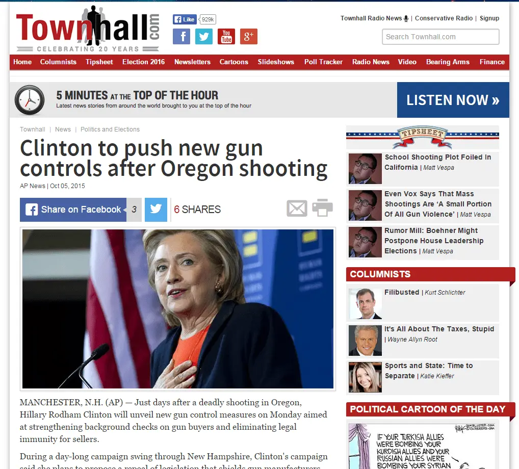 2015-10-005 Townhall detail page over Clinton and guns.webp
