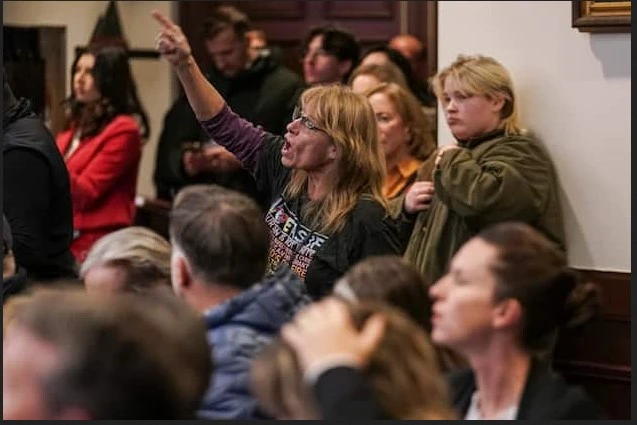 An attendee yells during a town hall with Republican an earful on DOGE and Musk 1.webp