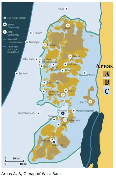 Areas A, B, C map of West Bank.webp