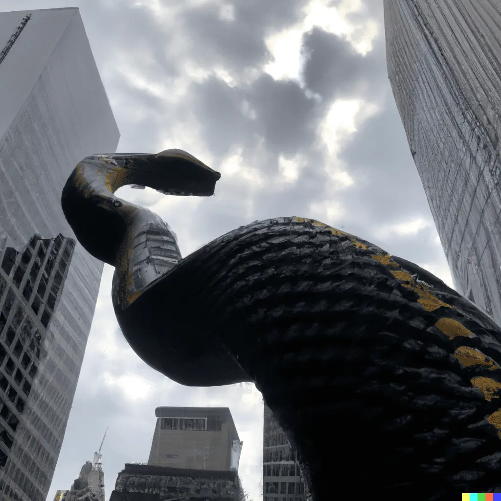 DALL·E 2023-03-31 18.15.05 - 400 foot titan boa snake fighting batman in new york city. Cloud...webp