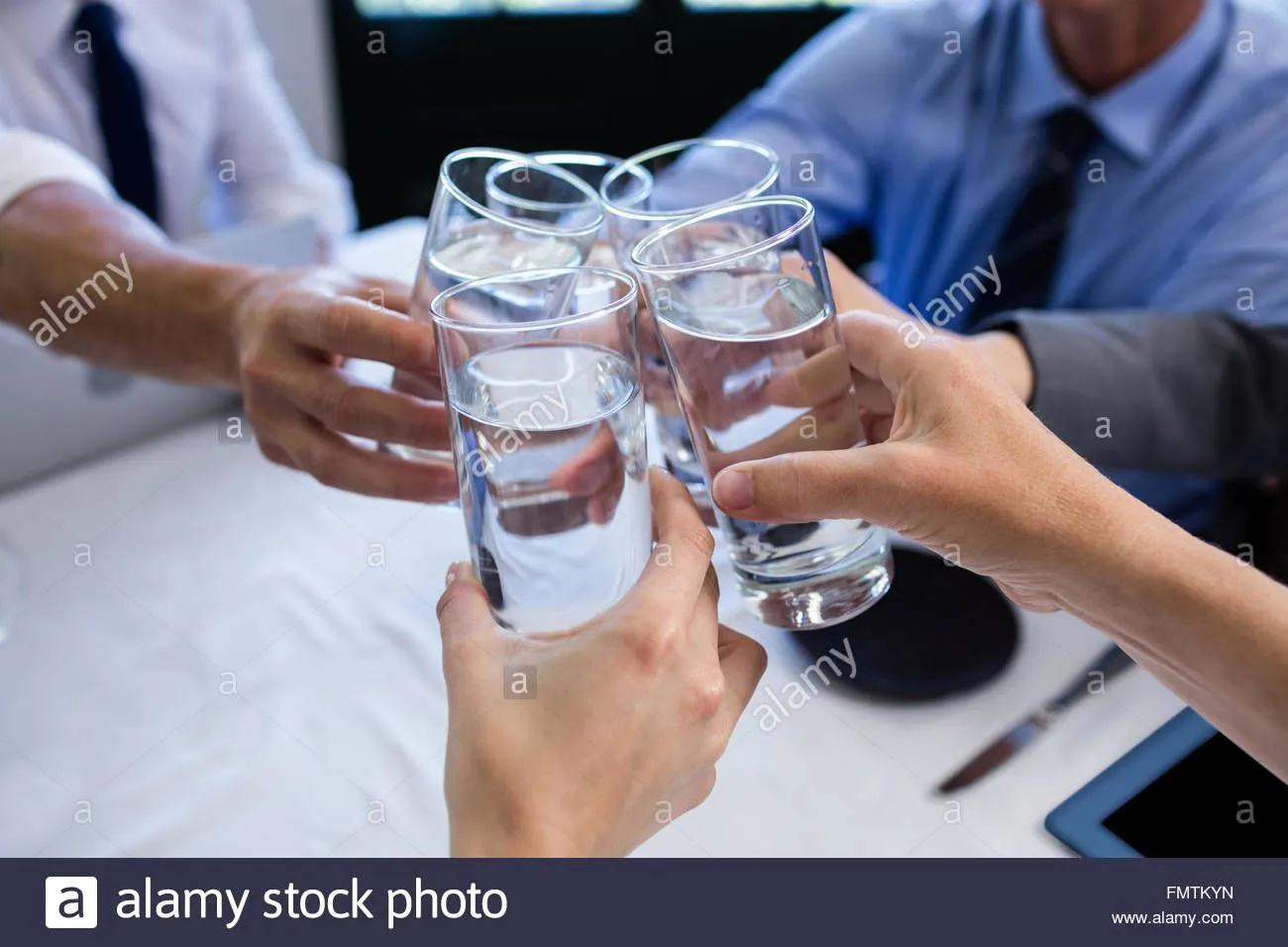 group-of-businesspeople-toasting-glass-of-water-in-restaurant-FMTKYN.webp
