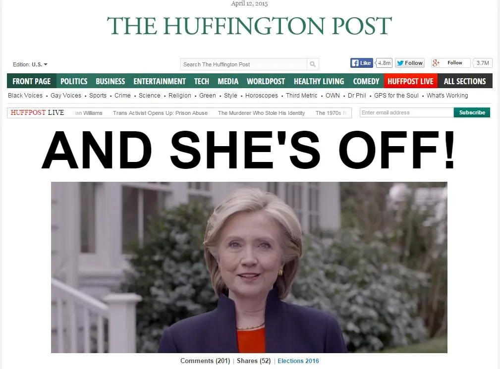 Hillary Clinton announcement Huffpo.webp