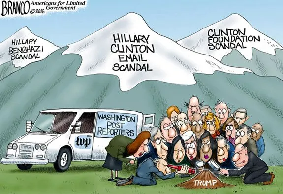 Hillary Clinton Scandals Press Cover Up Cartoon.webp