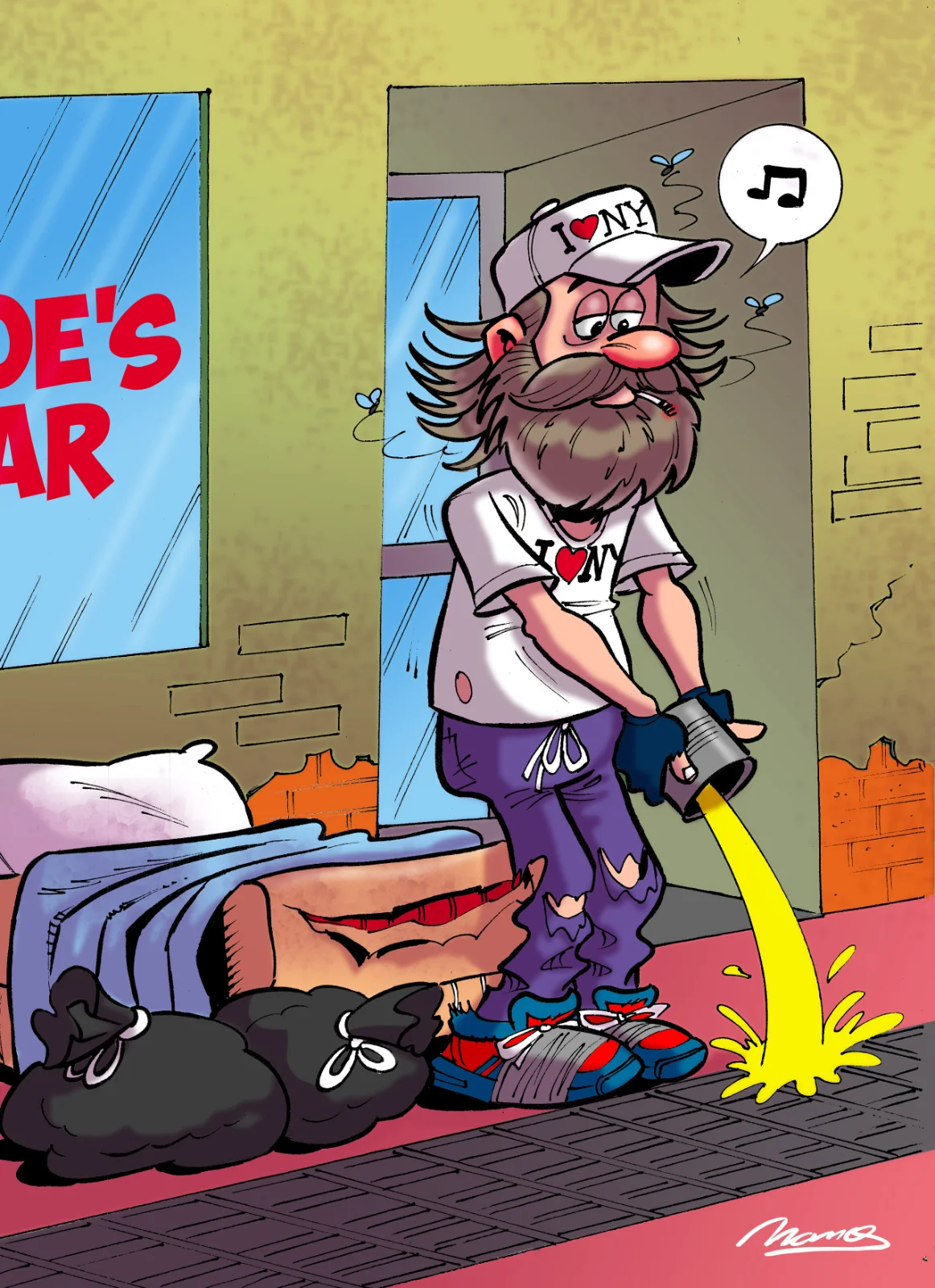 Homeless man NYC dumping urine in subway grate.webp