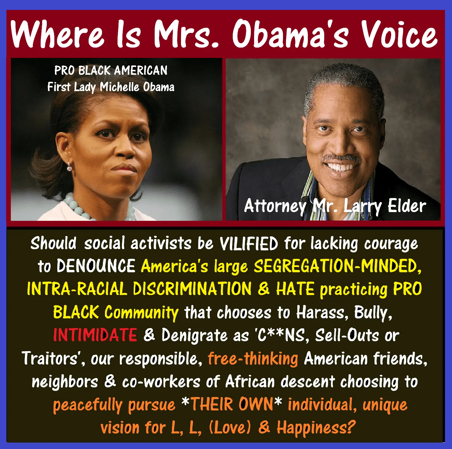 Michelle Obama, Larry Elder, VILIFY.webp