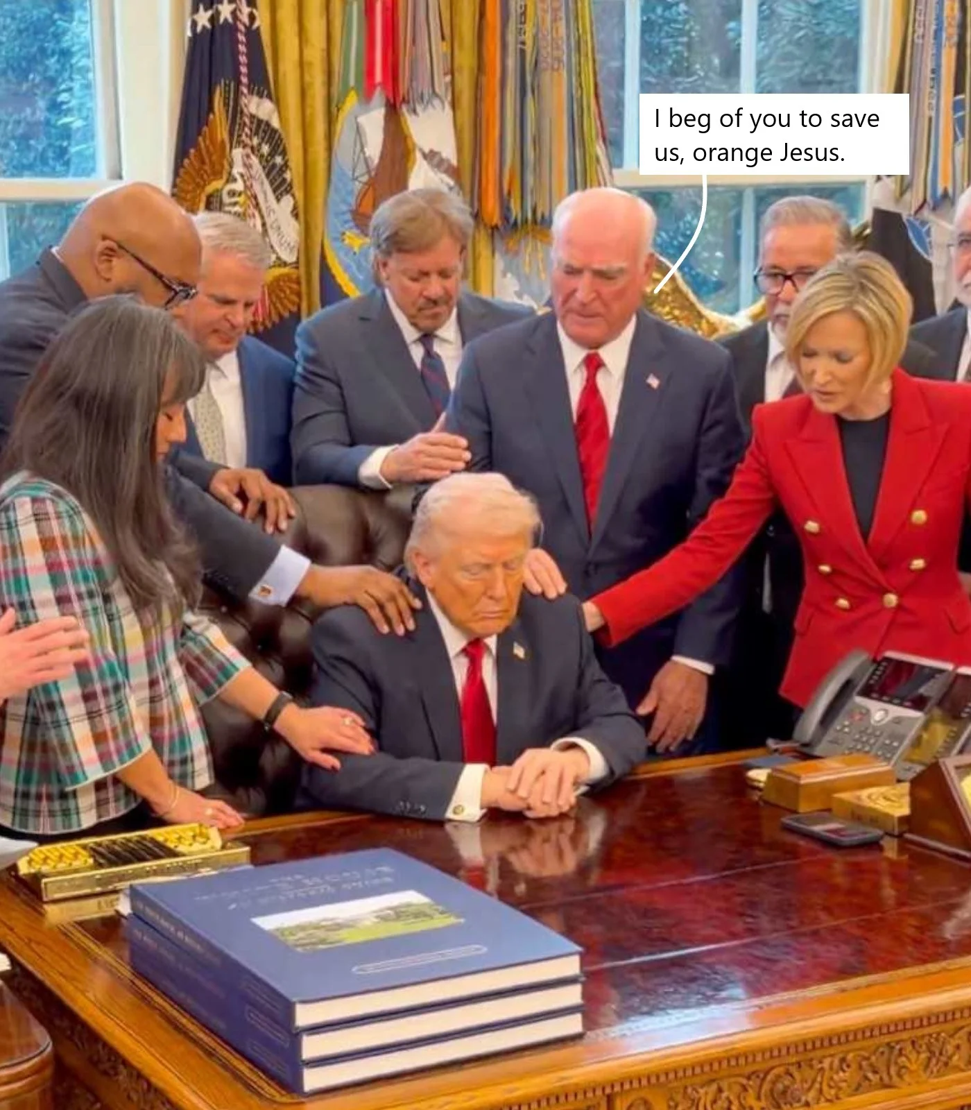 Trump prayer meeting orange Jesus.webp
