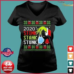 the-grinch-holding-mask-2020-stink-stank-stunk-christmas-ugly-sweatshirt-Ladies-V-neck-Tee.webp