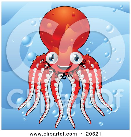 20621-Clipart-Illustration-Of-A-Happy-And-Energetic-Red-Octopus-Smiling-And-Wiggling-Its-Tentacles-In-Ocean-Bubbles-Underwater.jpg